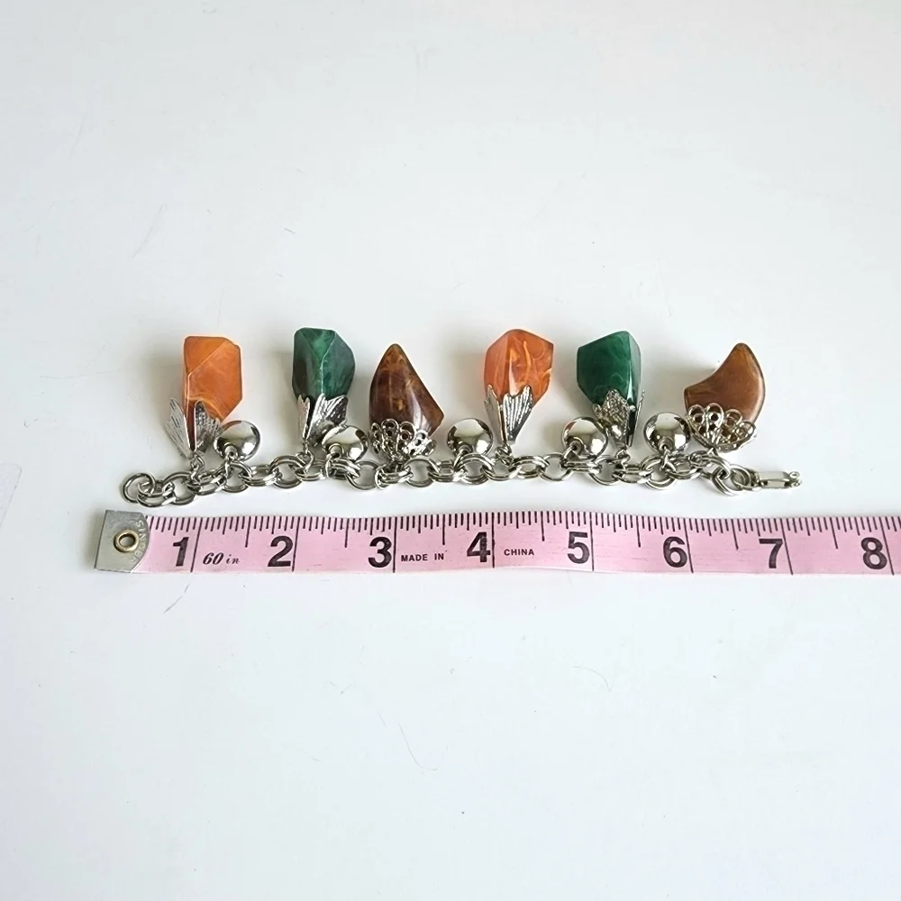 Vintage Charm Bracelet 60s Chunky Lucite Resin Beads Silver‎ Green Orange Brown